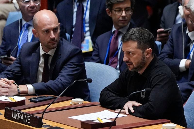 Ukraine President Volodymyr Zelenskyy, right, speaks during a Security Council meeting, Tuesday, Sept. 24, 2024, at UN headquarters. (AP Photo/Julia Demaree Nikhinson, Pool)