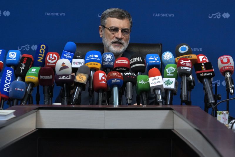 The late Iranian President Ebrahim Raisi's Vice-President Amirhossein Ghazizadeh Hashemi, who is a candidate for the June 28, presidential election, speaks in a press conference in Tehran, Iran, Saturday, June 15, 2024. (AP Photo/Vahid Salemi)