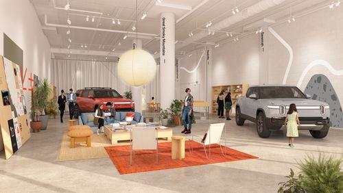 This is a rendering of Rivian's planned showroom at Ponce City Market, which is expected to open in October 2023.