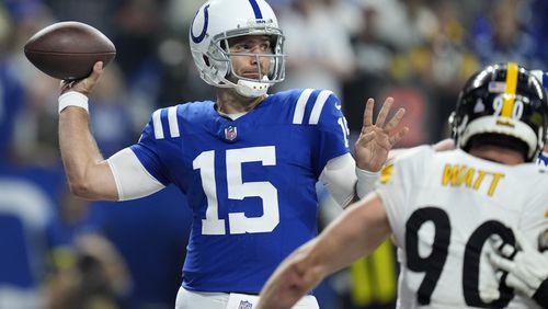 Indianapolis Colts quarterback Joe Flacco (15) looks to throw a pass during the first half of an NFL football game against the Pittsburgh Steelers, Sunday, Sept. 29, 2024, in Indianapolis. (AP Photo/Michael Conroy)