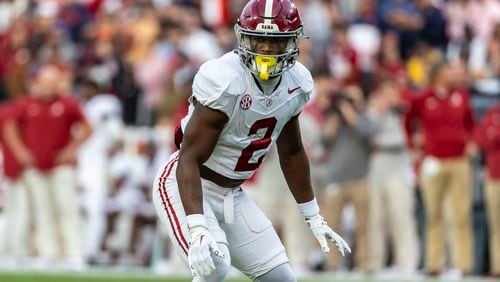 FILE - Then-Alabama defensive back Caleb Downs (2) sets up for a play against Auburn during the first half of an NCAA college football game, Saturday, Nov. 25, 2023, in Auburn, Ala. (AP Photo/Vasha Hunt, File, File)