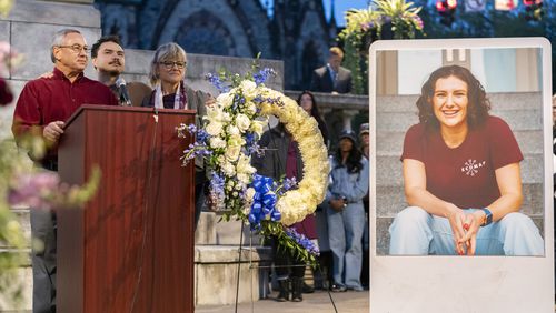 FILE - Frank LaPere, Nico LaPere and Caroline Frank, the family of Pava LaPere, founder of tech startup EcoMap Technologies, speak during a vigil on Wednesday, Sept. 27, 2023, in Baltimore. (AP Photo/Stephanie Scarbrough, File)