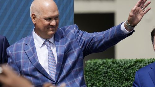 FILE - Former Chicago Cubs player Ryne Sandberg waves before the team unveils a statue of him before a baseball game against the New York Mets in Chicago, June 23, 2024. (AP Photo/Nam Y. Huh, File)