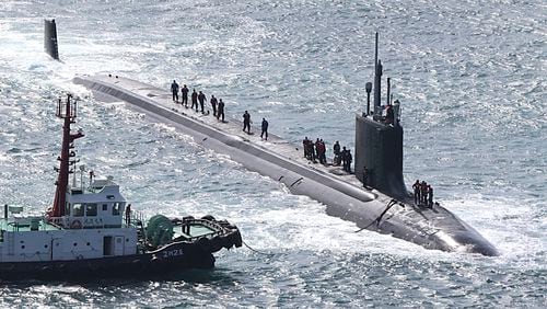 The USS Vermont, a nuclear-powered and fast-attack submarine, enters a naval base in Busan, South Korea, Monday, Sept. 23, 2024. (Gang Sun-bae/Yonhap via AP)