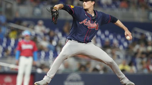 Atlanta Braves starting pitcher Max Fried aims a pitch during the second inning of a baseball game against the Miami Marlins, Saturday, Sept. 21, 2024, in Miami. The Braves won 6-2.(AP Photo/Marta Lavandier)