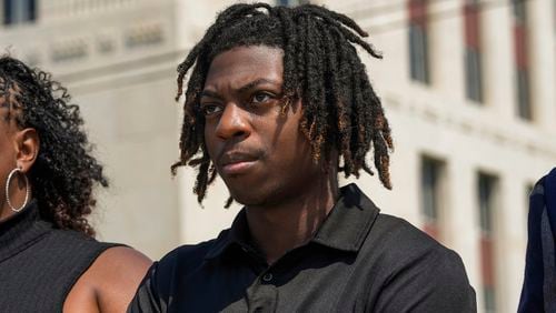 FILE - Darryl George stands next to his mother, Darresha George, in front of Galveston County Court House, May 23, 2024, in Galveston, Texas. (Raquel Natalicchio/Houston Chronicle via AP, File)