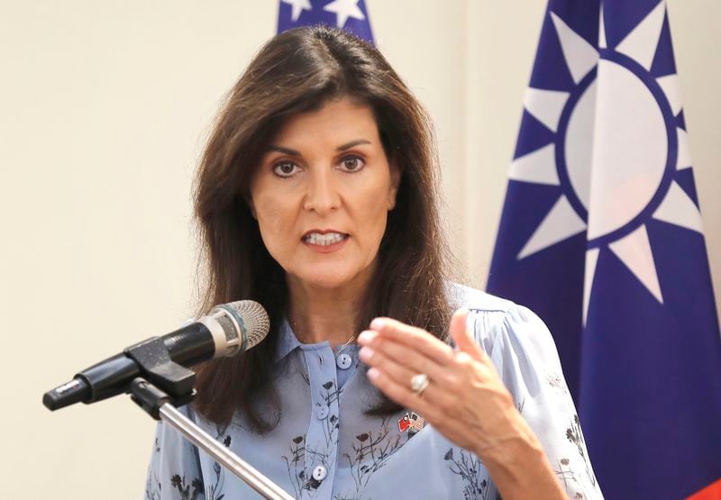 Nikki Haley, former United States Ambassador to the United Nations, speaks to media during her press conference before leaving Taipei, Taiwan, Saturday, Aug. 24, 2024. (AP Photo/Chiang Ying-ying)