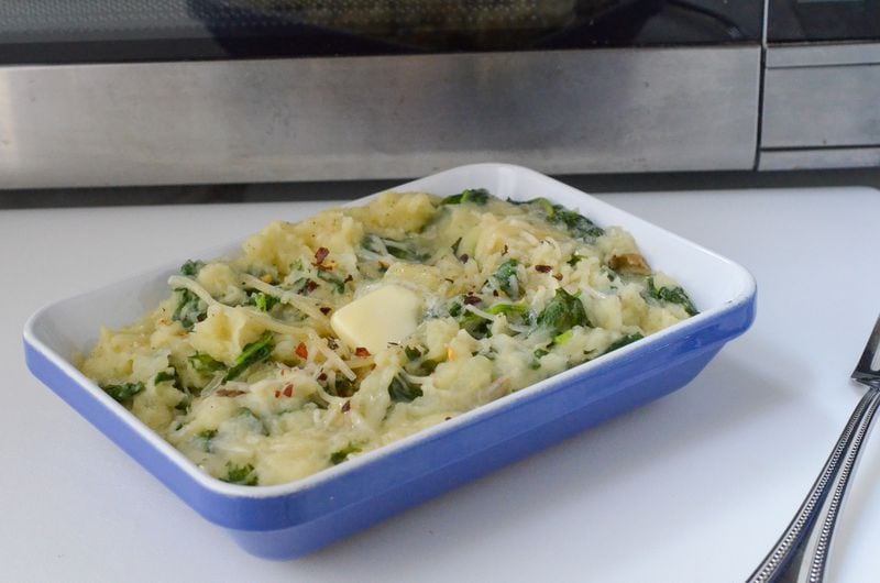 Cheesy Potato Kale Smash is a comfort food classic that cooks in mere minutes in the microwave. (Virginia Willis for The Atlanta Journal-Constitution)