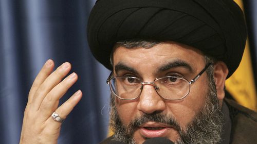 FILE - Hezbollah leader Hassan Nasrallah, speaks during a press conference at Hezbollah headquarters in the southern suburb of Beirut, Monday June 5, 2006. (AP Photo/Hussein Malla, File)