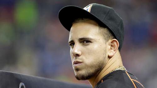 In this June 23, 2015, file photo, Miami Marlins pitcher Jose Fernandez stands in the dugout before the start of a baseball game against the St. Louis Cardinals in Miami.  The families of the two men who were with  Fernandez when his boat crashed into a Miami Beach jetty,  killing all three , are suing the All-Star's estate.
Attorney Christopher Royer, who is representing the families of 25-year-old Eduardo Rivero and 27-year-old Emilio Jesus Macias, told the Sun Sentinel that Rivero's claim was filed Friday, Feb. 10, 2017 and Macias' will be filed Monday. Each family is seeking $2 million. (AP Photo/Wilfredo Lee, File)