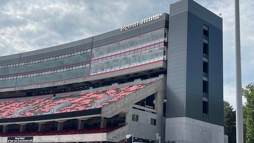 The Georgia Bulldogs' home opener against Tennessee Tech on Saturday will be fans' first opportunity to see newly renovated and expanded Sanford Stadium. The 95-year-old facility will feature a new press box and additional premium donor season and now will be able to accommodate more than 93,000 spectators. (Photo by Chip Towers/ctowers@ajc.com)