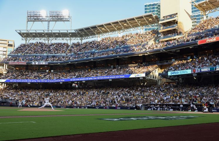 Atlanta Braves pitcher Max Fried delivers to the San Diego Padres in front of Padres fans during the first inning of National League Division Series Wild Card Game Two at Petco Park in San Diego on Wednesday, Oct. 2, 2024.   (Jason Getz / Jason.Getz@ajc.com)