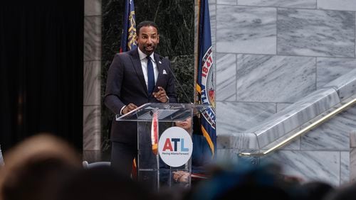 Mayor Andre Dickens speaks during a program celebrating his Year of the Youth initiative at Atlanta City Hall on Wednesday, Jan. 31, 2024. (Natrice Miller/ Natrice.miller@ajc.com)