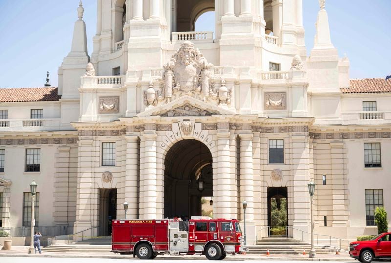 A Pasadena firetruck responds to Pasadena City Hall on Monday, Aug. 12, 2024, in Pasadena, Calif, after an earthquake was strongly felt from the Los Angeles area all the way to San Diego. (Sarah Reingewirtz/The Orange County Register via AP)