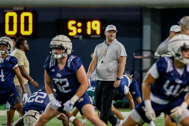 Georgia Tech head coach Brent Key watches his team during a recent practice. 