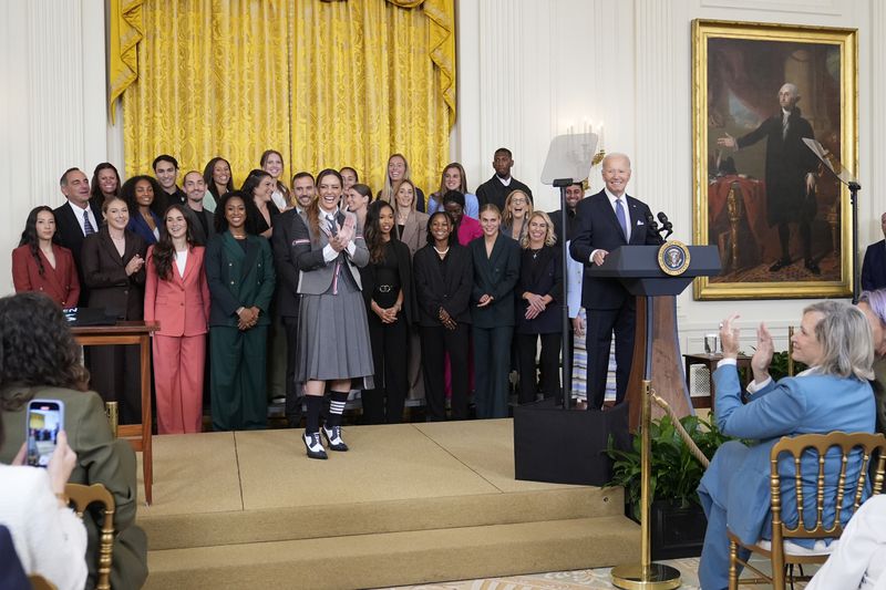 President Joe Biden speaks during an event in the East Room of the White House in Washington, Monday, Sept. 23, 2024, to welcome the NJ/NY Gotham FC and celebrate their 2023 NWSL championship. (AP Photo/Susan Walsh)