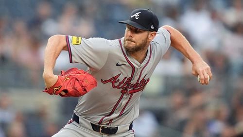 Atlanta Braves' Chris Sale pitches to a New York Yankees batter during the first inning of a baseball game Friday, June 21, 2024, in New York. (AP Photo/Frank Franklin II)