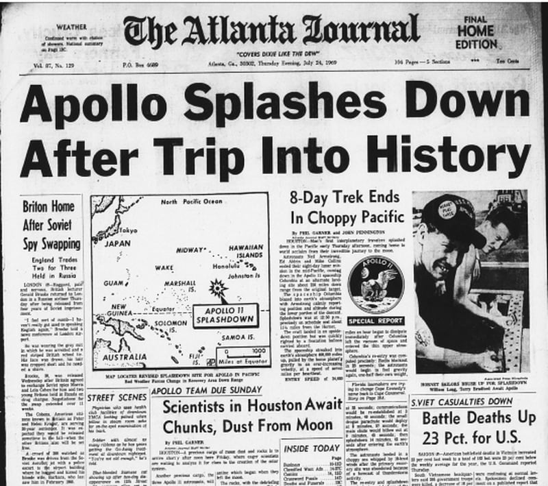 The Apollo astronauts' return to Earth is captured in the July 24, 1969 edition of The Atlanta Journal. (AJC archives.)