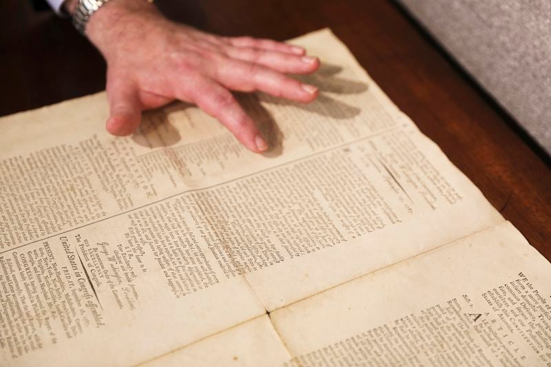 An 1787 copy of the U.S. Constitution that will be put up for auction on Sept. 28, 2024, is shown at Bruck Auctions in Asheville, North Carolina, on Thursday, Sept. 5. (AP Photo/Jeffrey Collins)