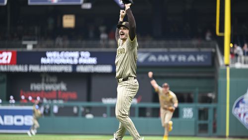 San Diego Padres starting pitcher Dylan Cease celebrates his no-hitter at the end of the ninth inning of a baseball game against the Washington Nationals, Thursday, July 25, 2024, in Washington. (AP Photo/John McDonnell)