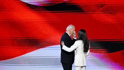 President Joe Biden gets emotional as he embraces his daughter Ashley Biden during the day 1 of the Democratic National Convention at the United Center, Monday, August 19, 2024, in Chicago, Illinois. (Hyosub Shin / AJC)