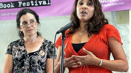 Natasha Trethewey (right) and poet Claudia Emerson talk about their work during the 2020 Decatur Book Festival.