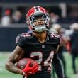 Atlanta Falcons cornerback A.J. Terrell (24)  works on a drill during warm-ups before the Falcons face the New Orleans Saints on Sunday, Sept. 29, at Mercedes-Benz Stadium in Atlanta. 
(Miguel Martinez/ AJC)