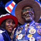 Georgia delegates Jane Williams and Franklin Delano Williams are seen on the second day of the Democratic National Convention at United Center in Chicago on Tuesday, August 20, 2024. (Arvin Temkar / AJC)