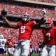 Georgia wide receiver Colbie Young (8) celebrates after scoring a six-yard touchdown reception during the first quarter against Tennessee Tech at Sanford Stadium, Saturday, Sept. 7, 2024, in Athens, Ga. The Bulldogs won 48-3.  (Jason Getz / AJC)
