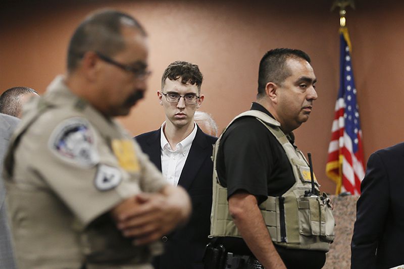 El Paso Walmart shooting suspect Patrick Crusius pleads not guilty during his arraignment in October in El Paso, Texas. The government has filed hate crime charges against Crusius.