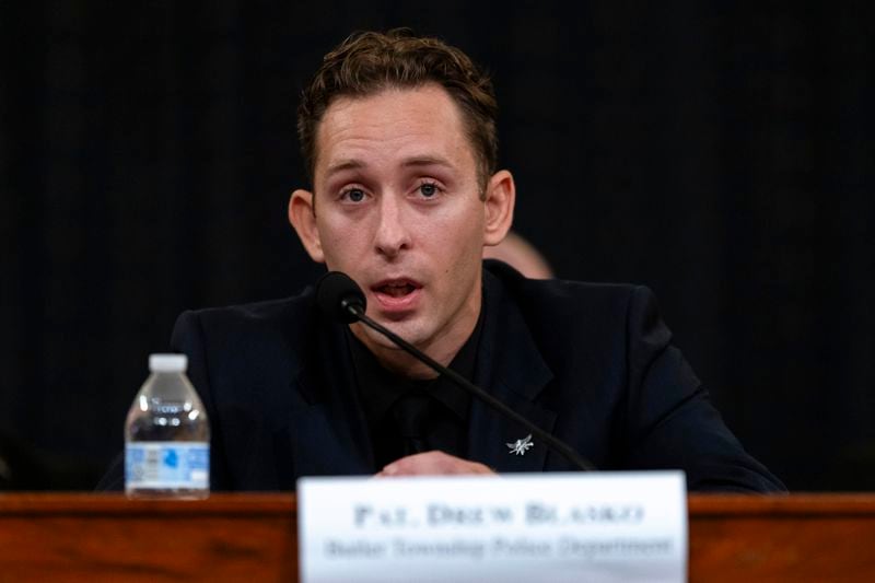 Patrolman Drew Blasko of Butler Township Police Department, testifies at the first public hearing of a bipartisan congressional task force investigating the assassination attempts against Republican presidential nominee former President Donald Trump, at Capitol Hill in Washington, Thursday, Sept. 26, 2024. (AP Photo/Ben Curtis)