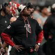 Atlanta Falcons head coach Raheem Morris reacts during the second half of an NFL football game against the Tampa Bay Buccaneers Thursday, Oct. 3, 2024, in Atlanta. (AP Photo/John Bazemore)