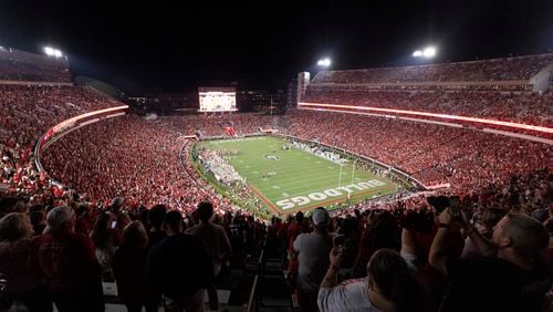 Georgia fans celebrate the start of the fourth quarter during their game against UAB at Sanford Stadium, Saturday, September 23, 2023, in Athens, Ga. Georgia won 49-21. (Jason Getz / Jason.Getz@ajc.com)