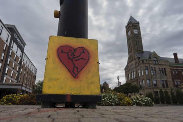 An image of a broken heart across the street from the Springfield, Ohio, City Hall, on Sept. 17, 2024. (Carolyn Kaster/AP)