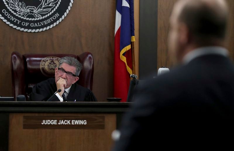 Judge Jack Ewing of Galveston District Court No. 3 listens to an attorney's objection to a definition in the jury's charges in his courtroom in Galveston County District Court on Friday, Aug. 16, 2024, in Galveston, Texas. (Jennifer Reynolds/The Galveston County Daily News via AP, Pool)