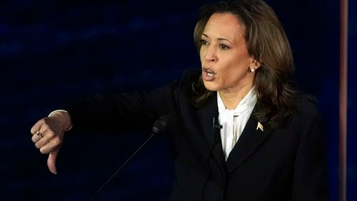 Democratic presidential nominee Vice President Kamala Harris gestures as she speaks during a presidential debate with Republican presidential nominee former President Donald Trump at the National Constitution Center, Tuesday, Sept.10, 2024, in Philadelphia. (AP Photo/Alex Brandon)