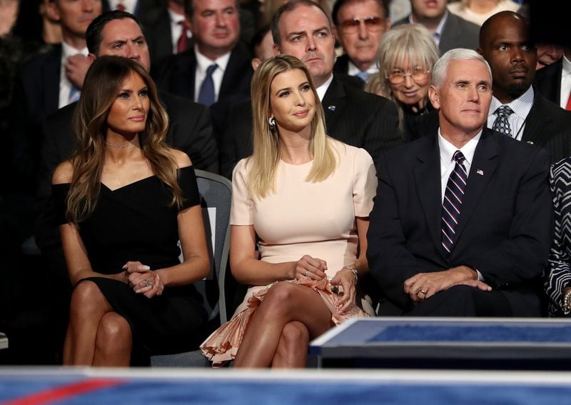 HEMPSTEAD, NY - SEPTEMBER 26: Republican presidential nominee Donald Trump's wife, Melania Trump, daughter, Ivanka Trump and Republican VIce Presidential nominee Mike Pence sit during the Presidential Debate at Hofstra University on September 26, 2016 in Hempstead, New York. The first of four debates for the 2016 Election, three Presidential and one Vice Presidential, is moderated by NBC's Lester Holt. (Photo by Joe Raedle/Getty Images)
