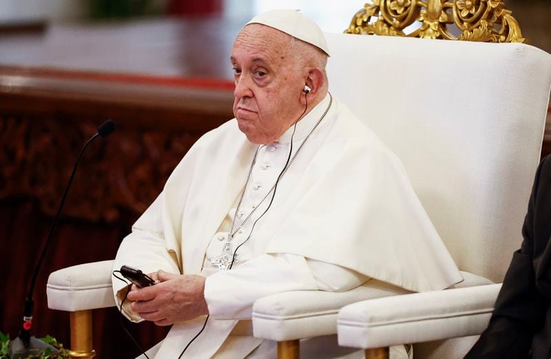 Pope Francis attends a meeting with Indonesian authorities, civil society and the diplomatic corps, during his apostolic visit to Asia, at the Presidential Palace in Jakarta Wednesday, Sept. 4, 2024. (Willy Kurniawan/Pool Photo via AP)