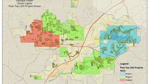 Georgia Power contractors will split into three zones the conversion of street lights to energy-efficient LEDs in Alpharetta. Work on pedestrian fixtures will begin in Zone 2, then proceed to Zones 1 and 3. When these conversions are completed, crews will move on to converting larger street lights. CITY OF ALPHARETTA