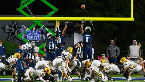 Valdosta’s kicker, Tomas Lopez, kicks and extra point during the Valdosta at South Gwinnett football game in Gwinnett on September 13, 2024. (Jamie Spaar for the Atlanta Journal Constitution)