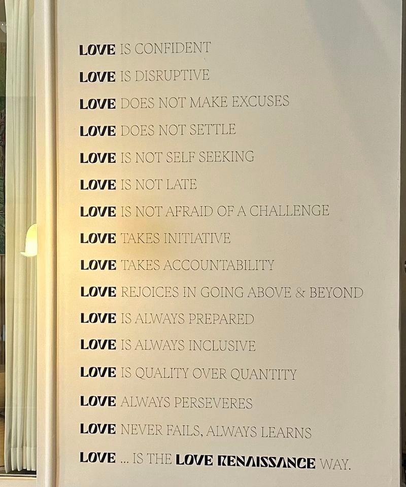 Amber Grimes, Love Renaissance's executive vice president and general manager, had these company ideals painted on a hallway wall of the company's Castleberry Hill offices. Courtesy of LVRN