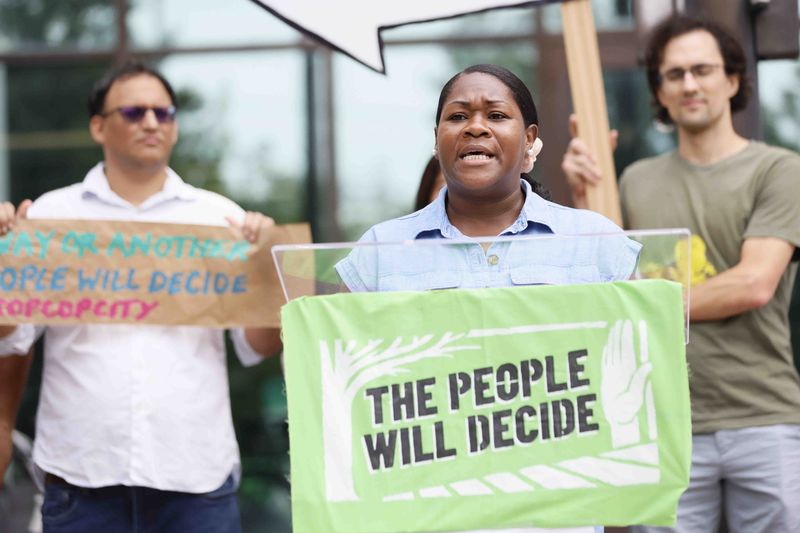 Cop City organizer Keyanna Jones Moore speaks at a press conference outside City Hall on Wednesday, Sept. 11, 2024, marking the first anniversary of the organizers’ submission of the training center petition.
(Miguel Martinez / AJC)