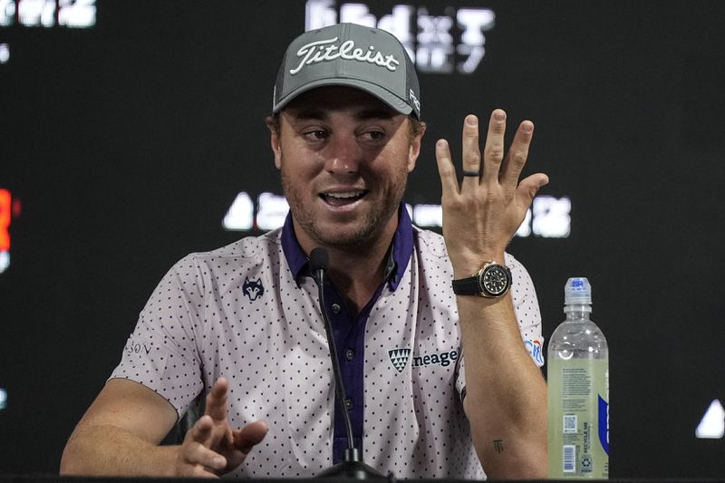 Justin Thomas speaks during a news conference ahead of a practice round for the Tour Championship golf tournament, Wednesday, Aug. 28, 2024, in Atlanta. (AP Photo/Mike Stewart)