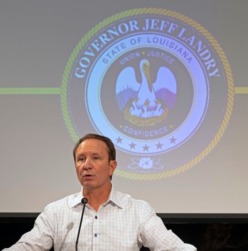 Louisiana Governor Jeff Landry speaks during a press conference to discuss his decision to veto House Bill 423, Tuesday, June 18, 2024, at the Louisiana State Capitol in Baton Rouge, La. (Hilary Scheinuk/The Advocate via AP)