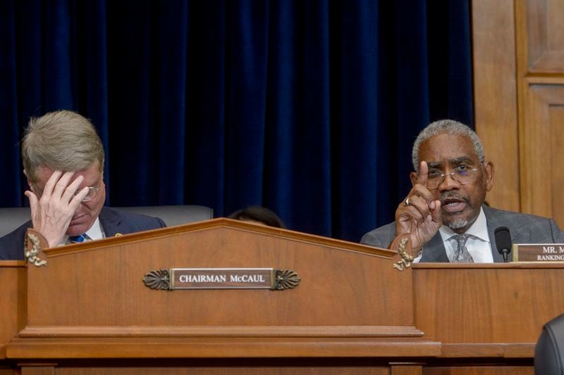 House Committee on Foreign Affairs Chairman Michael McCaul, R-Texas, left, listens while House Committee on Foreign Affairs Ranking Member Gregory Meeks, D-N.Y., right, speaks during a House Committee on Foreign Affairs hearing "An Assessment of the State Departments Withdrawal from Afghanistan by Americas Top Diplomat," on Capitol Hill, in Washington, Tuesday, Sept. 24, 2024. (AP Photo/Rod Lamkey, Jr.)