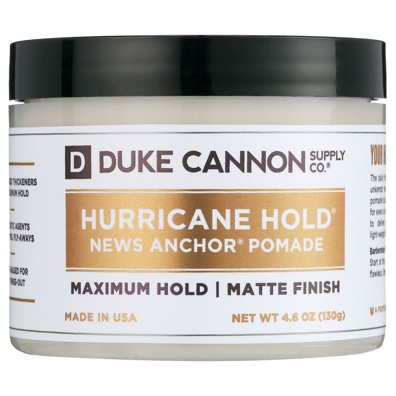 Duke Cannon News Anchor Hurricane Hold pomade keeps hair in place with a matte finish.