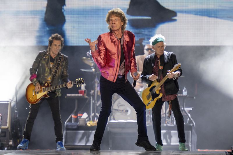 Mick Jagger, center, of the Rolling Stones, performs during the "Hackney Diamonds" tour on Friday in Atlanta.