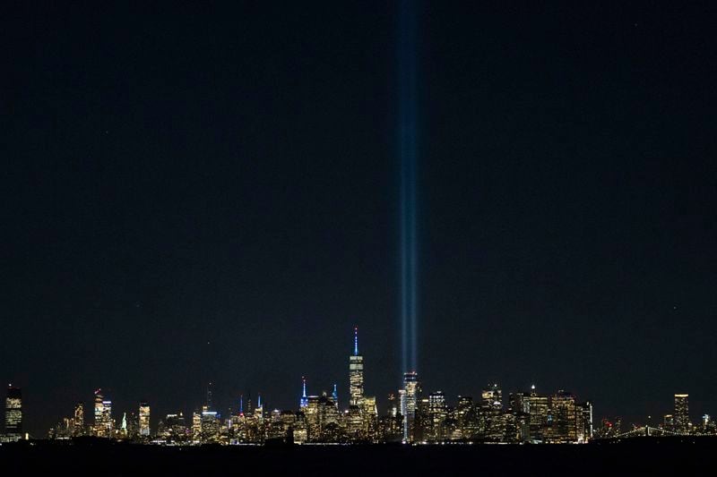 The Tribute in Light is seen in the sky in New York's Lower Manhattan on the 23rd anniversary of the Sept. 11, 2001, attacks, Wednesday, Sept. 11, 2024, in New York. (AP Photo/Yuki Iwamura)