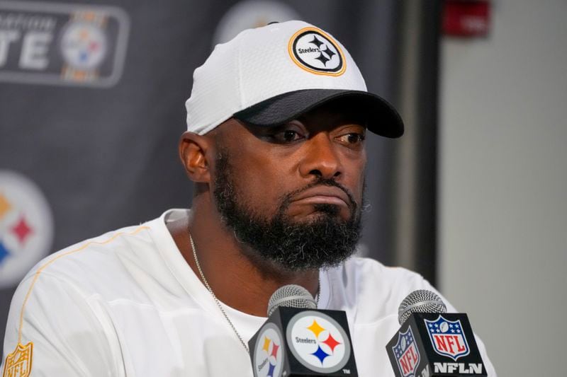 Pittsburgh Steelers head coach Mike Tomlin talks to reporters following an NFL football game against the Dallas Cowboys, early Monday, Oct. 7, 2024, in Pittsburgh. The Cowboys won 20-17. (AP Photo/Gene J. Puskar)