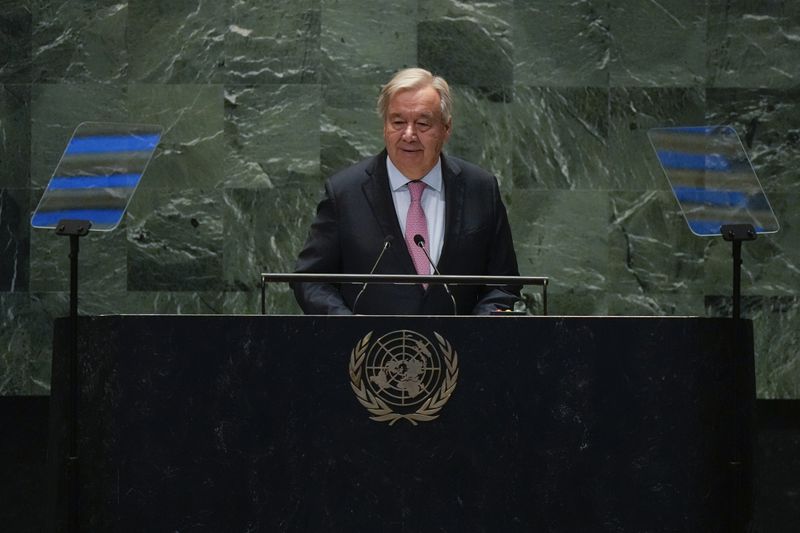 António Guterres, United Nations Secretary-General, speaks to the United Nations General Assembly during the Summit for the Future, Sunday, Sept. 22, 2024 at U.N. headquarters. (AP Photo/Frank Franklin II)